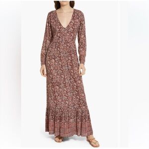Faherty Orinda Floral Boho Maxi Dress Block Print Tiered Long Sleeve Cottagecore